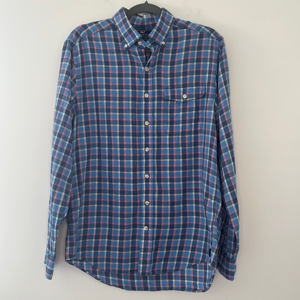 Vineyard Vines Mens Crosby Long Sleeve Shirt Blue Pink Classic Fit Plaid Medium